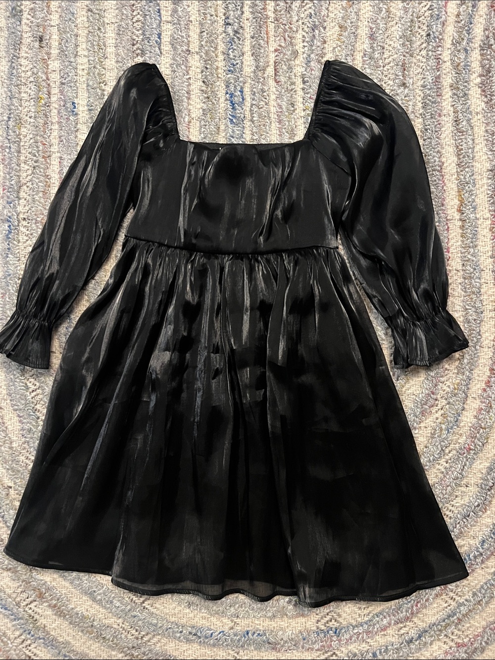 Black Satin Square Neck Puff Sleeve Mini Dress